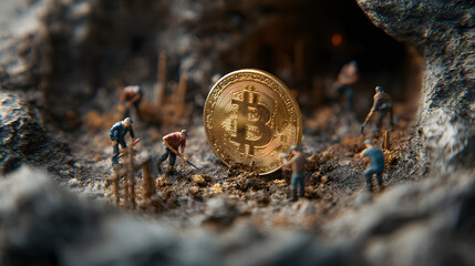 Bitcoin Mining: Miniature Miners and Golden Coin in Dark Cave
