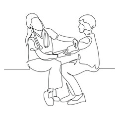 Continuous line of doctor checks a patient’s blood pressure using a stethoscope and sphygmomanometer. Sketch drawing editable stroke vector illustration