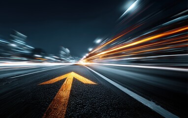 Speed motion on urban road at night with yellow arrow