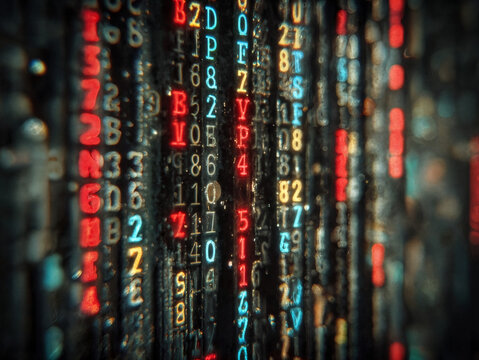 High-resolution macro shot of illuminated alphanumeric data on a dark background. Ideal for showcasing data analysis, technology, and cybersecurity concepts in modern digital environments.