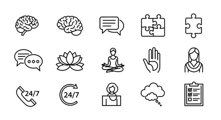 Mental Health Vector Icon Set | Brain, chat, puzzle, yoga, support, help, therapy, empathy, meditate, checklist, advice, care icons