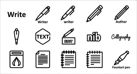 Obraz premium Writing Vector Icon Set | Pen, pencil, writer, author, calligraphy, nib, text, edit, fountain pen, paper, notebook, write