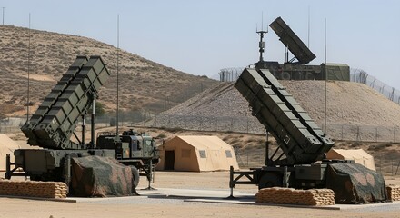 Wide Close-Up of Dual Patriot Missile Systems with Full Coverage on Arid Terrain and Rocky Slope