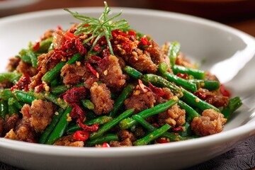 Fototapeta premium Stir-fried green beans and savory meat chunks, seasoned with chili flakes and herbs, served on a white plate