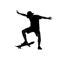 Silhouette of a skateboarder performing a trick, arms outstretched, showcasing balance and skill.