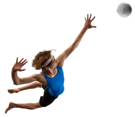 Volleyball player stretches in midair with urgency to intercept ball in blue shirt isolated on transparent background. Concept of athletic reaction, aerial motion, dynamic action, and game pressure.