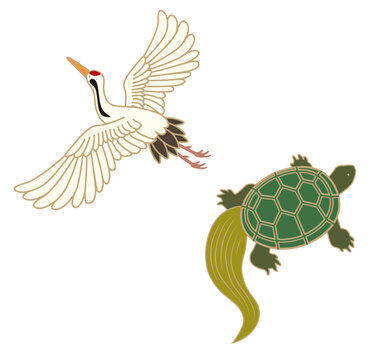 鶴と亀の和柄イラスト 