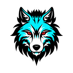 A stylized, digital illustration of a wolf's head with blue fur, black accents, and piercing red eyes, set against a white background.