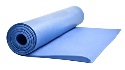 Rolled blue yoga mat for fitness and exercise, studio equipment isolated on transparent background