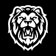 A stark black and white illustration of a roaring lion's head.