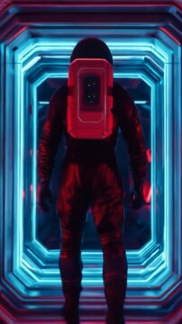 Astronaut man in space suit walking forward through spaceship corridor. Sci-fi futuristic concept journey to future with neon light, footage.