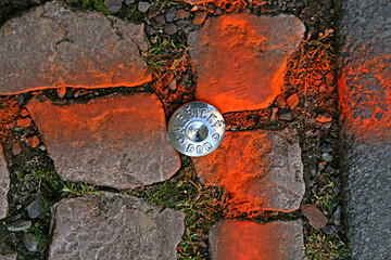 A round metal measuring point with an inscription in Czech (měřický bod) is driven into the ground and marked with red paint in the form of a cross.