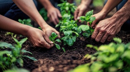 A diverse group of sustainable people holding plants in an eco friendly environment for nature conservation.