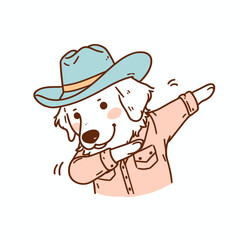 Fototapeta premium A cartoon dog wearing cowboy hat and. Cute Clipart Vector Illustration Line Art Illustration. comic canine donning western headgear plus playful expression.