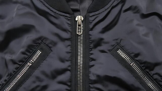 Close-up of a black bomber jacket with zippers