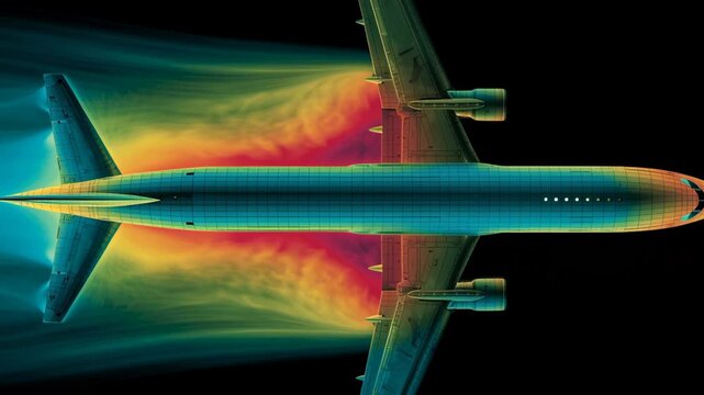 Navier Stokes equations in action. Stunning visualization of airflow around aircraft and fluid dynamics for engineering insights.