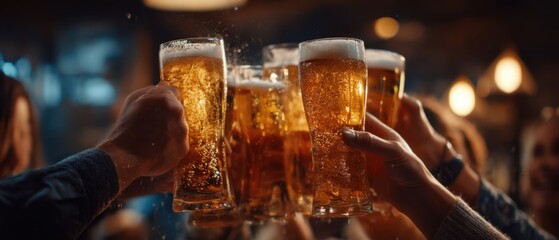 The joyful celebration with clinking glasses of beer in a lively atmosphere.