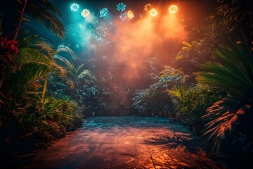 Fototapeta premium ia generated. Tropical landscape with exotic vegetation and intense colors, evoking fantasy, nature, and surreal beauty. 