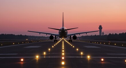Fototapeta premium Takeoff at Sunset Airplane on Runway Ready for Flight at Airport, Illuminated by Lights