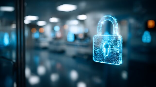 Glowing padlock icon on display symbolizes importance health data protection. Digital security in hospital. Cyber security protects patient information ... See More .