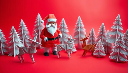 Origami Santa, reindeer, and trees on red festive background, origami, art