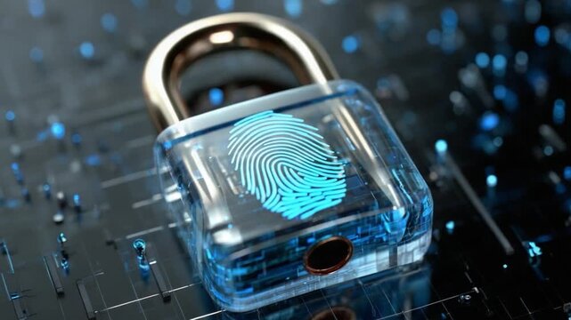 Digital security: A close-up of a modern padlock showcases a digital fingerprint, symbolizing advanced cybersecurity and data protection. The padlock rests on a sleek circuit board, creating a modern. - Powered by Adobe