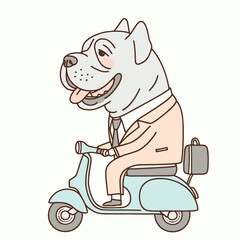 Obraz premium A cartoon dog wearing suit and tie is riding a. Cute Clipart Vector Illustration Line Art Illustration. An animated canine in formal apparel goes atop vehicle for transport.