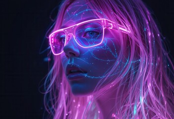 Futuristic woman with neon glasses glowing in the dark aesthetic portrait