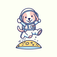 Fototapeta premium A cartoon dog wearing an astronaut suit is jumping on the moon. Cute Clipart Vector Illustration Line Art Illustration. Cosmic canine in space gear hops lunar surface fun digital.