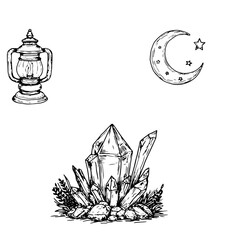 Magic crystal and vintage lantern, black and white sketch. Vector illustration. Crystal for witchcraft rituals and spells month and stars, set of magic elements for Halloween, isolated on background. 