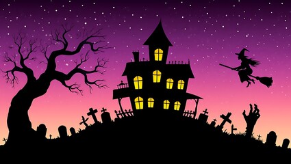 Spooky halloween night scene with haunted house witch flying and zombie hand rising from graveyard