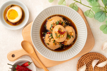 Korean Mayak Eggs in Soy Sauce with Garlic, Onion and Chili