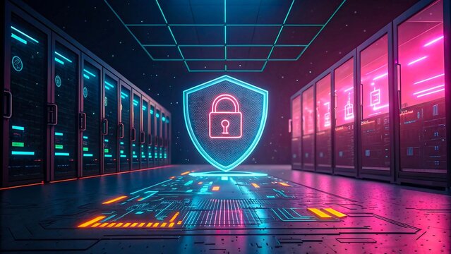Digital Cybersecurity Shield in Neon-Lit Data Center Representing Server Protection and Network Security
