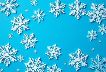 Intricate paper cut snowflakes on a winter blue background, ample copy space, greeting card, card