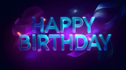 Obraz premium Happy birthday text with blue letters and purple background with light effects and swirling lines