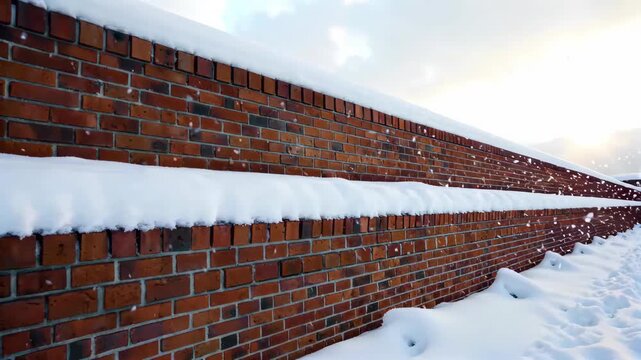 snowy brick wall with snow on top and a fire hydrant in the foreground