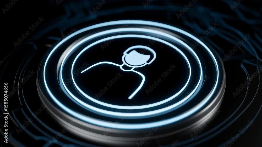 Poster a glowing blue user profile icon is prominently displayed on a dark, circular button with digital ri