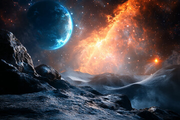 Fototapeta premium Majestic alien mountain landscape with a massive floating planet in a colorful cosmic sky, generative AI