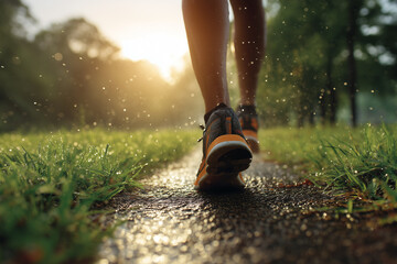 Person running on wet path with golden light legs shoes