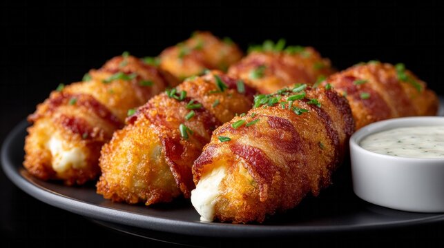 Crispy bacon-wrapped mozzarella sticks, indulgent cheese bliss, perfect for Cheat Day, National Bacon Lovers Day, culinary indulgence