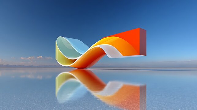 Twisting bold shapes in layered abstract composition hovering above a pure blue horizon