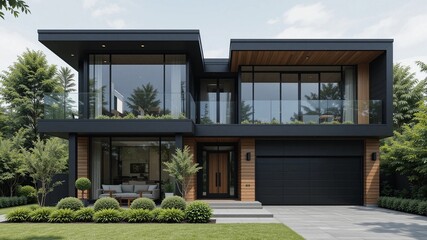 Modern Luxury Home Exterior with Glass Walls and Wooden Accents Design. 