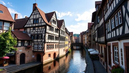 Naklejka premium Picturesque Bamberg Old Town, half-timbered houses, cobblestone streets, medieval architecture, Regnitz river, Old Town, Germany