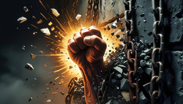  A clenched fist forcefully breaks through a wall of chains, with motion blur and flying debris. High-contrast dramatic lighting emphasizes a powerful message of liberation and defiance.