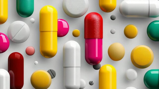 A colorful assortment of pills and tablets are scattered across a white background. The pills come in various shapes and sizes, with some being round and others being oblong