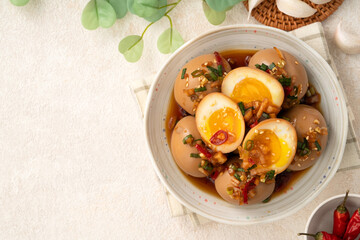 Korean Mayak Eggs in Soy Sauce with Garlic, Onion and Chili