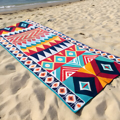 Vibrant ethnic patterned beach towel on sand, perfect for summer, boho, and seaside relaxation.