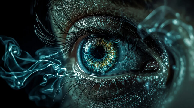 An extreme close-up captures the intricate details of a human eye featuring a striking blue and green iris Ethereal wisps of smoke curl around the eye creating a mysterious and captivating visual