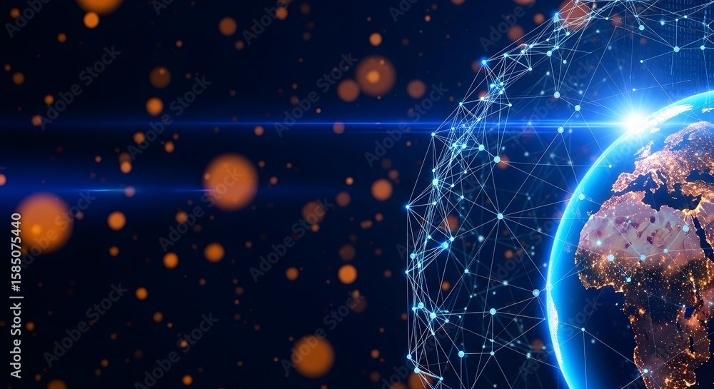 Poster global network with connected dots and lines. future of internet connection and worldwide communicat