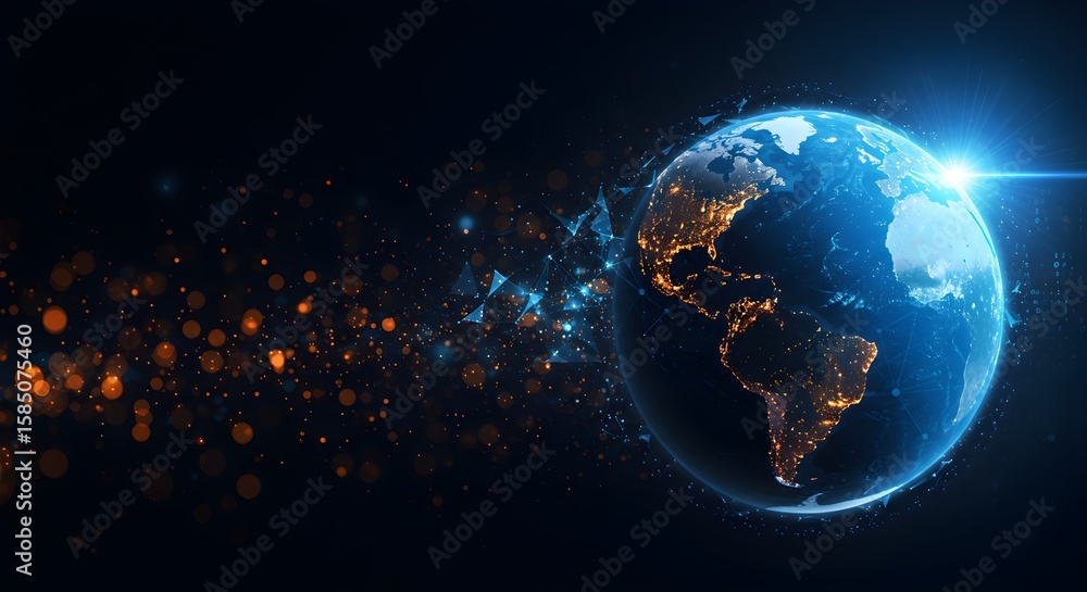 Poster global network with connected dots and lines. future of internet connection and worldwide communicat